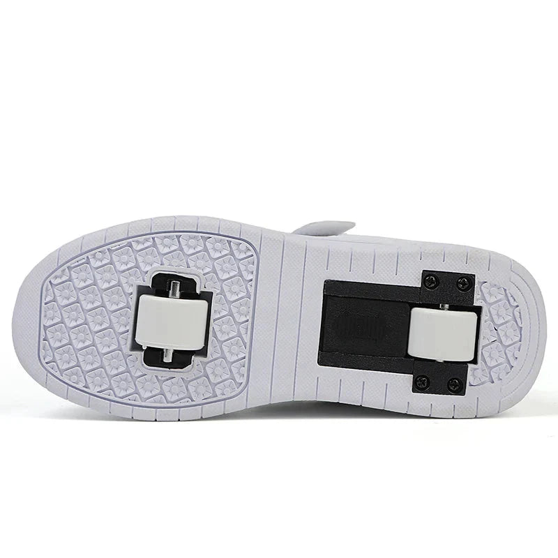 Kids' white roller skates with two wheels and chunky skateboard style shoes from Jlmoito, designed for children’s outdoor play.