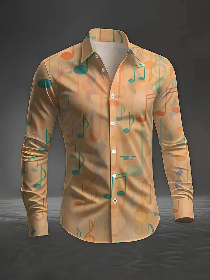 Men's casual long sleeve shirt with colorful 3D splash print and flap design, featuring vibrant fashion-inspired pattern.