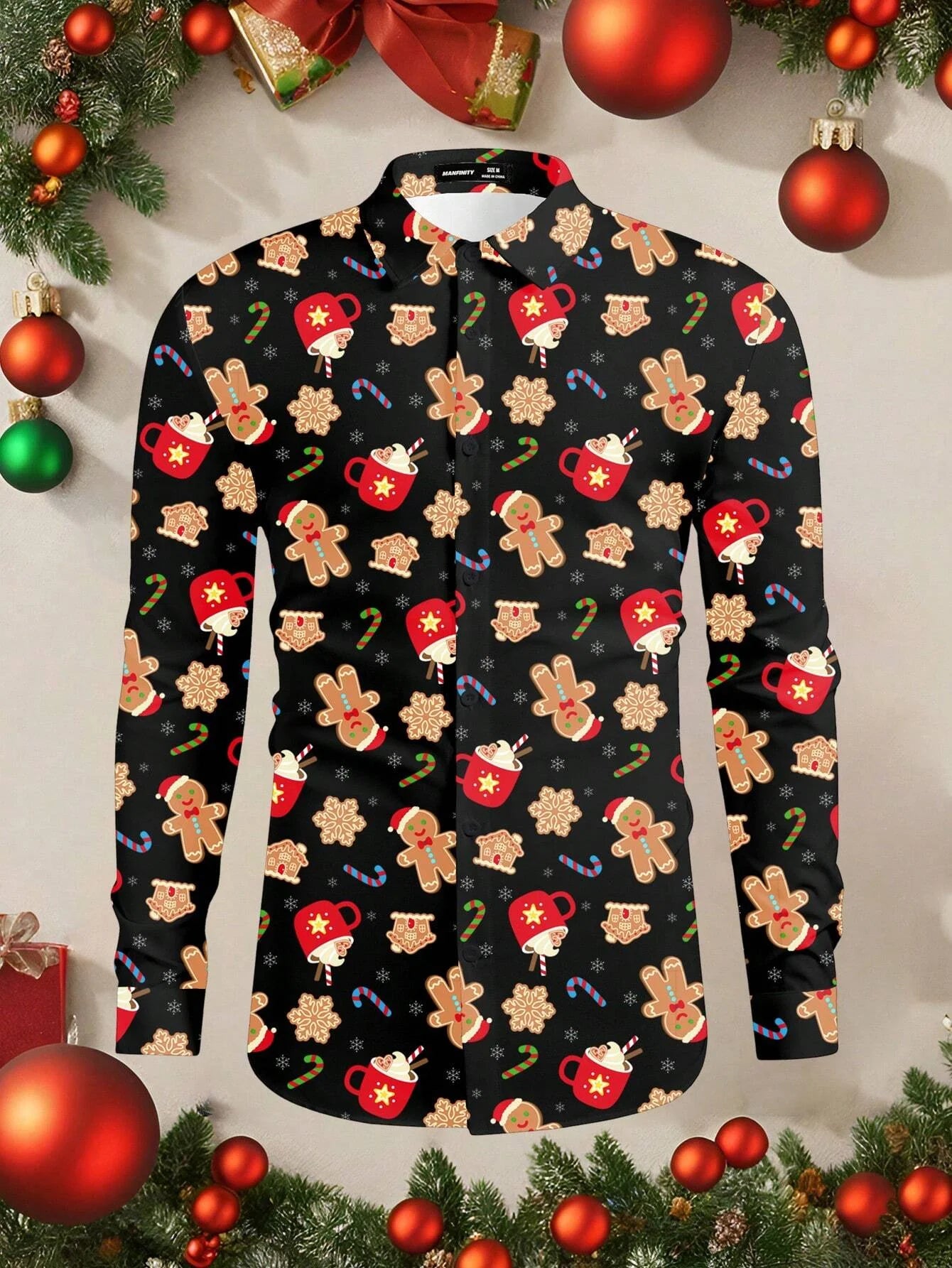 Men's Christmas festival long sleeve shirt with 3D printed Santa Claus and Christmas tree graphic by Showlu Fashion Store.