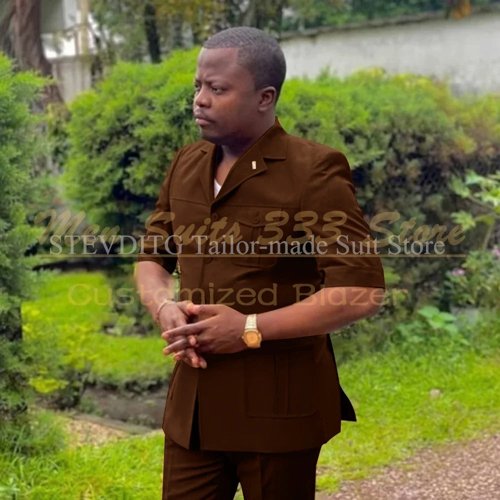 Safari men's suit set with short sleeves, single-breasted jacket, and pants in African fashion style by Showlu Fashion.