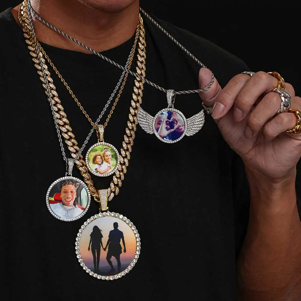 Custom angel wing round photo necklace with personalized pendant and tennis chain, ideal for men and women, by Showlu Fashion.