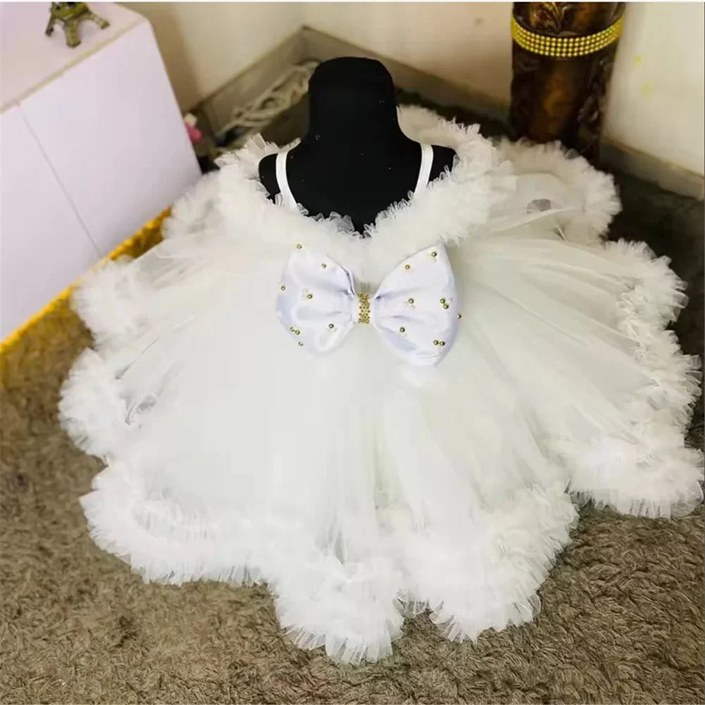 Lovely Pink Customized Flower Girl Dress For Wedding Sleeveless With Bow Beading Puffy Kids Birthday Party First Communion Gown