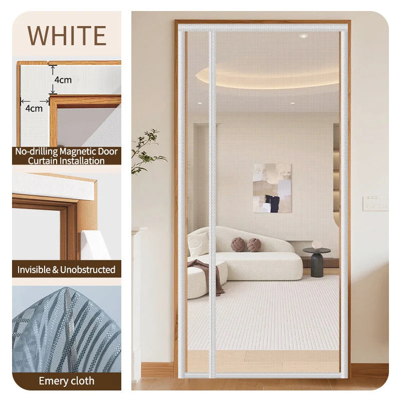 Showlu Smart Magnetic Mesh Door Curtain with self-adhesive mosquito screen, featuring a flexible mesh design for insect protection.