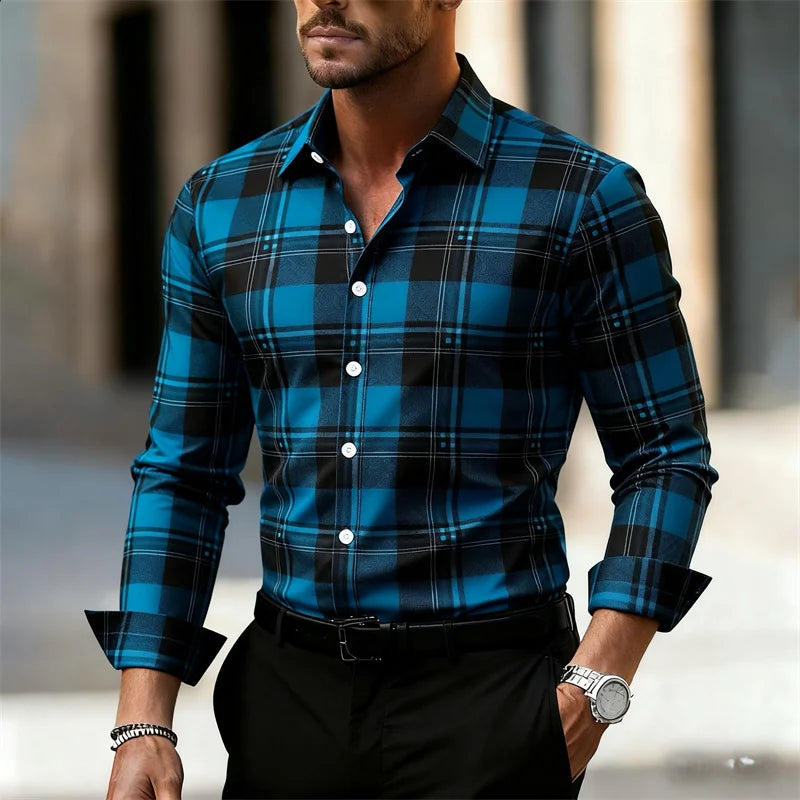 Men's plaid casual shirt by Showlu Fashion Store, long-sleeved outdoor street style top in large sizes XS-6XL, stylish daily wear.