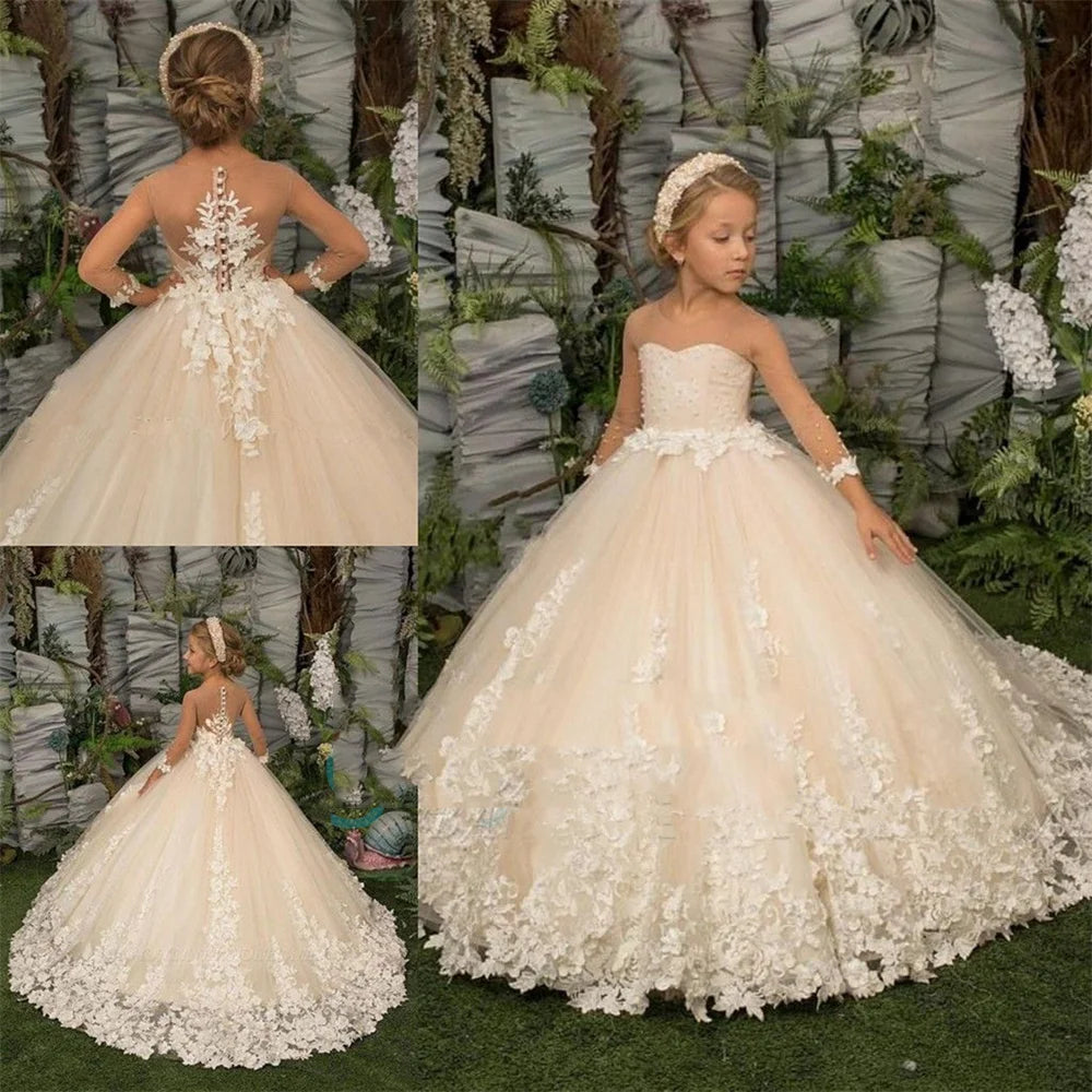 Flower girl dress by Showlu Fashion with floral lace appliqué, children's wedding party gown, princess style, perfect for first communion