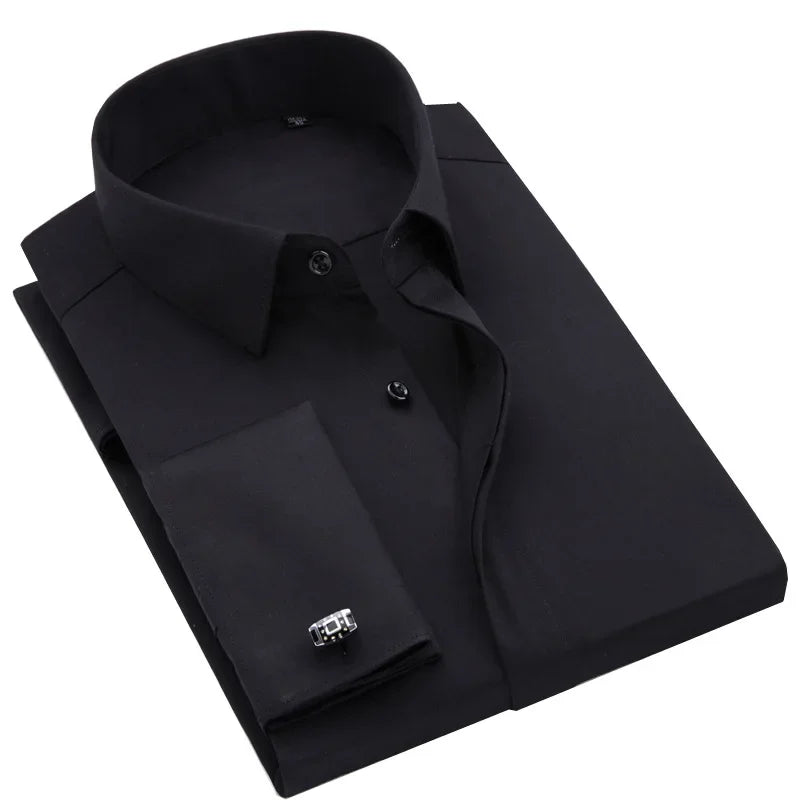 French Cufflink Men's Long Sleeve Bamboo Fiber Covered Button Shirt Slim Fit  Wedding Dress Sleeve Spikes Business Dress  Shirt