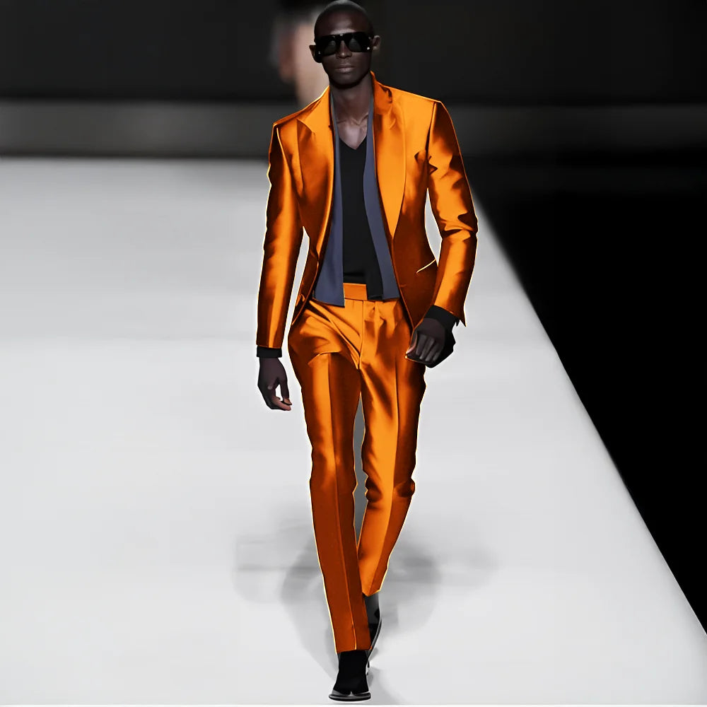 Elegant satin men's 2-piece suit with peak lapel blazer and matching pants, ideal for weddings, parties, or formal events.