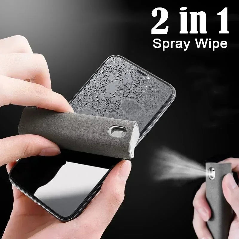 Microfiber screen cleaner spray bottle for mobile phones, tablets, and laptops, shown without liquid in a compact press spray design.