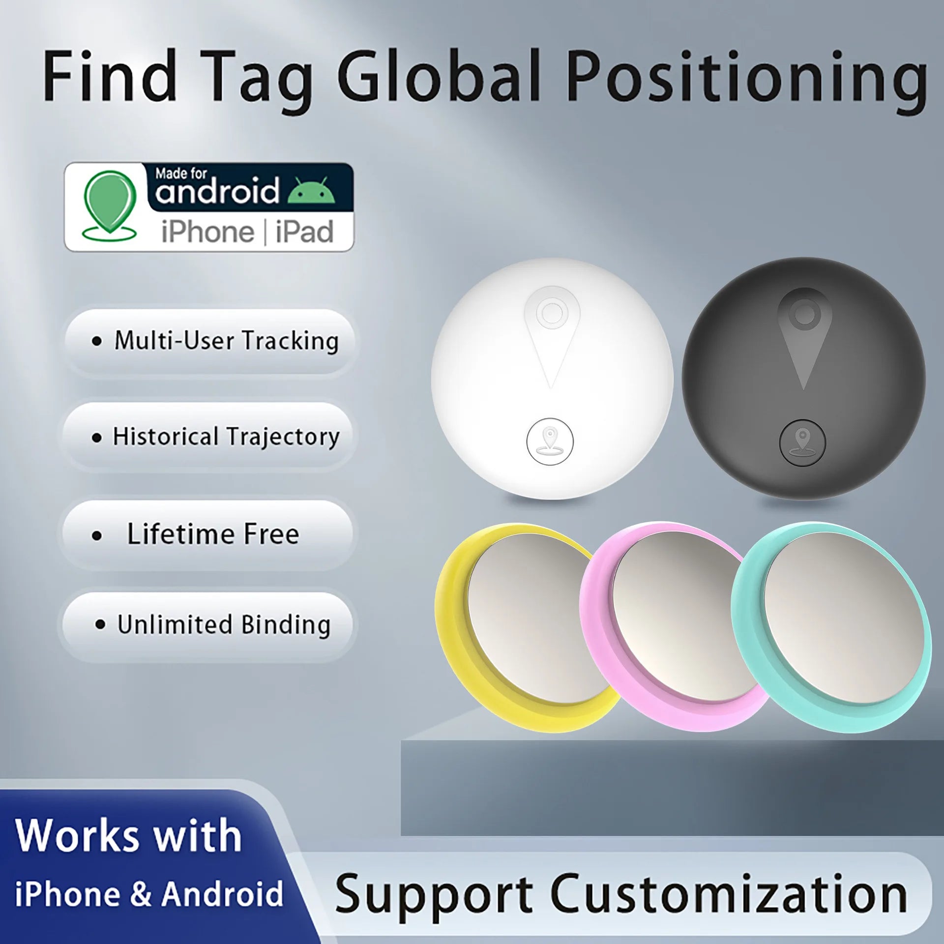 Waterproof Showlu Anti-Lost AirTag tracker for pets and kids, featuring a sleek smart tag design in black with keyring attachment.