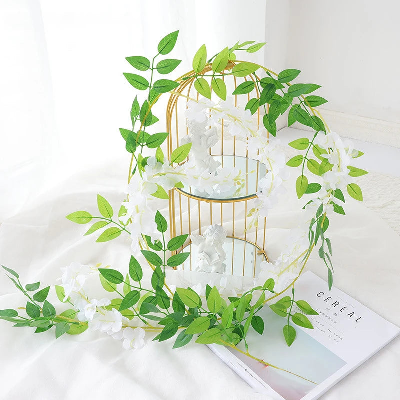 Artificial Wisteria flowers garland by Showlu Fashion Store, 2 meters long, silk hanging vine for home, garden, outdoor, or wedding decor.