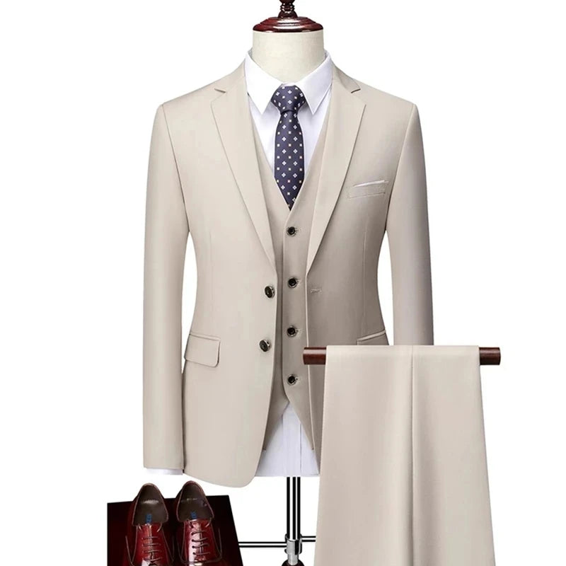 13 Color Basic Style Men's Casual Solid Color 3 Pieces Suits / Male One Button Blazers Jacker Coat Trousers Pants Vest Waistcoat
