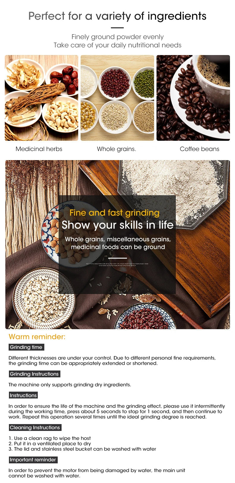 Showlu Smart General electric coffee and spice grinder with 150W stainless steel body and compact design.
