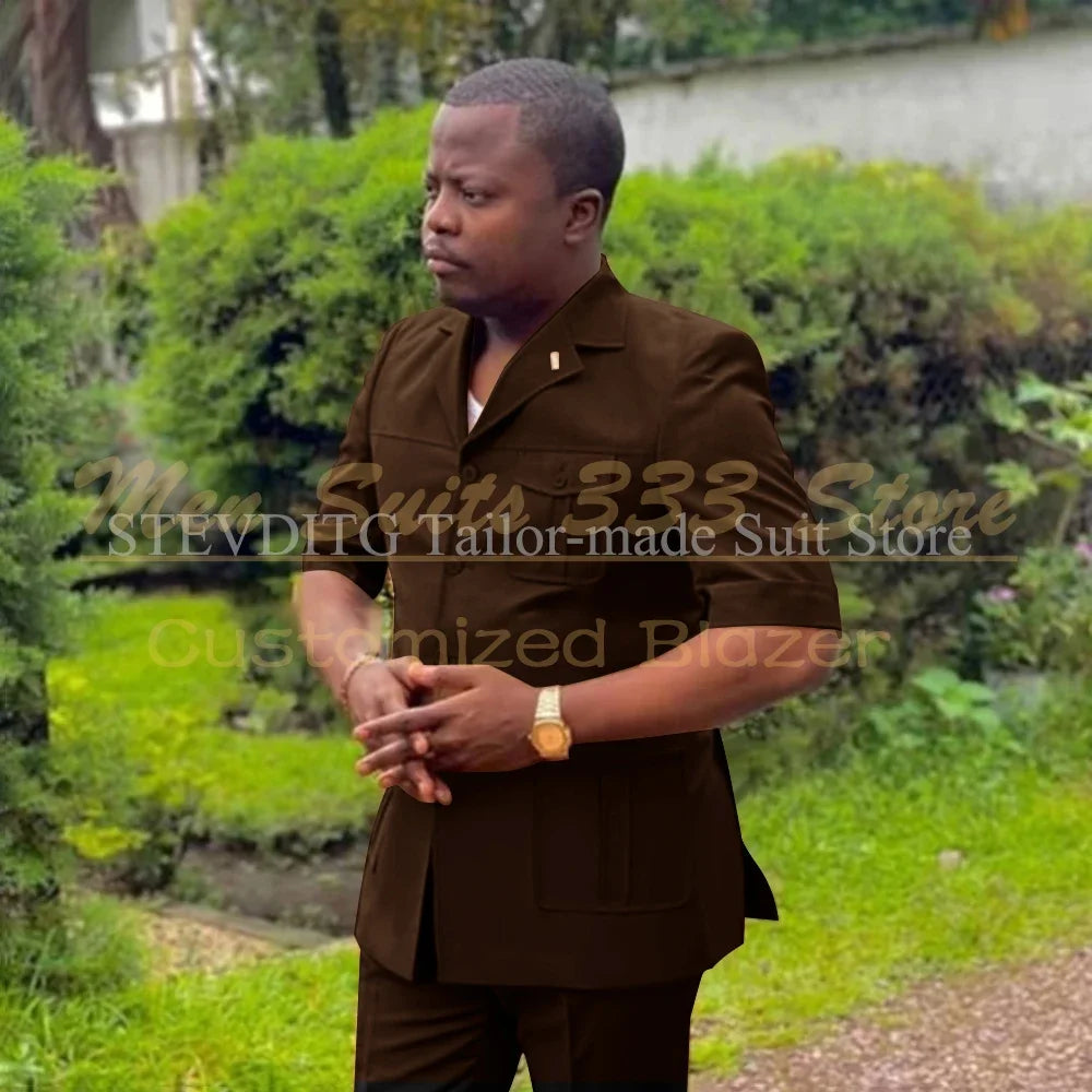 Safari men's short sleeve suit set with single-breasted jacket and matching pants, stylish African fashion by Showlu Fashion.