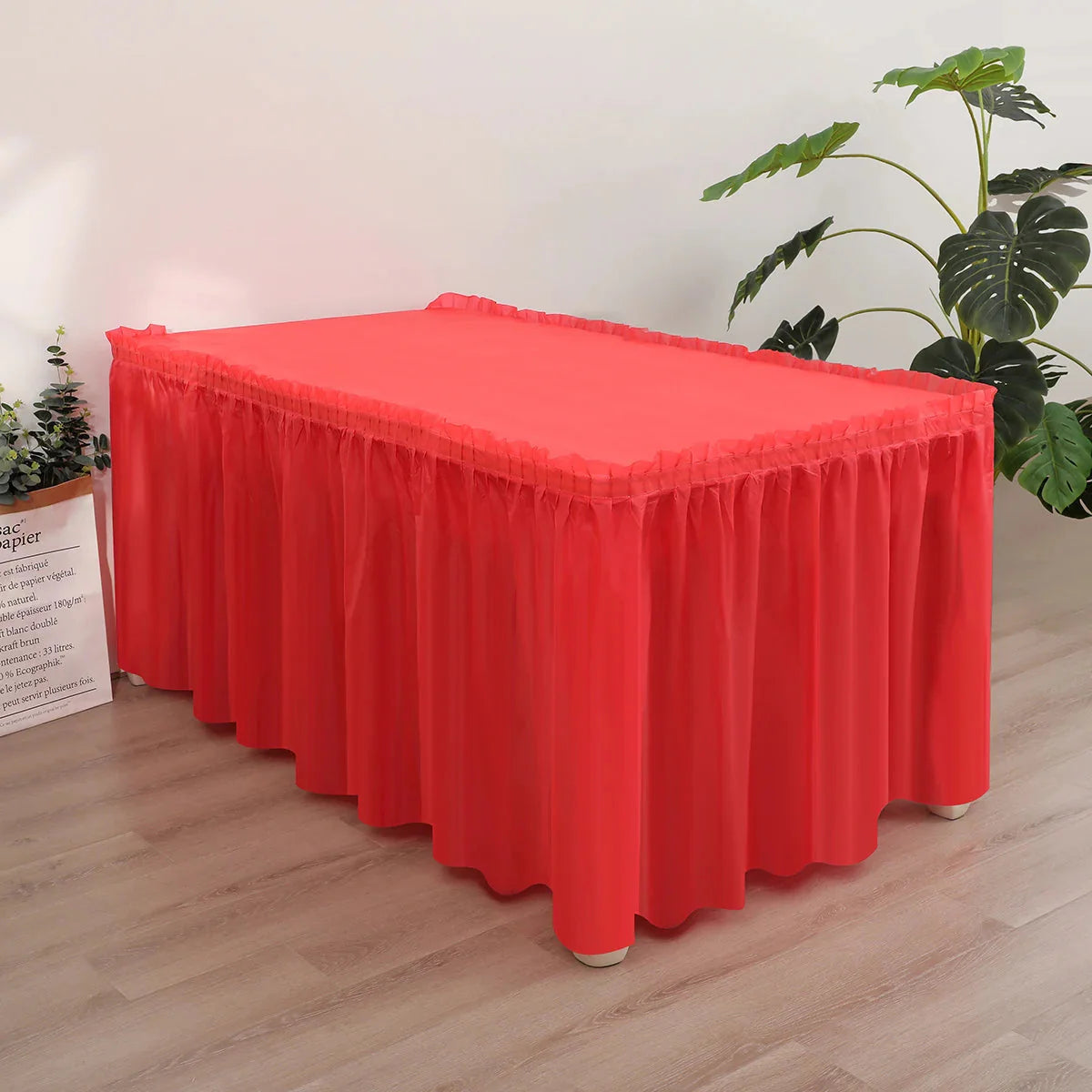 SHOWLU FASHION 2-piece disposable tablecloth and table skirt set shown, ideal for party or event decor, in a clean, elegant design.