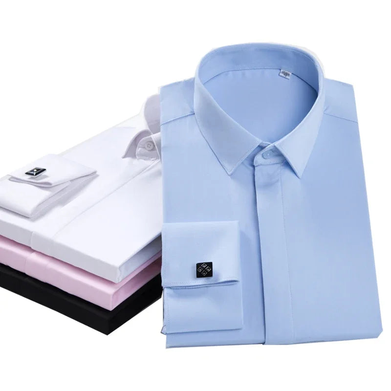 French Cufflink Men's Long Sleeve Bamboo Fiber Covered Button Shirt Slim Fit  Wedding Dress Sleeve Spikes Business Dress  Shirt