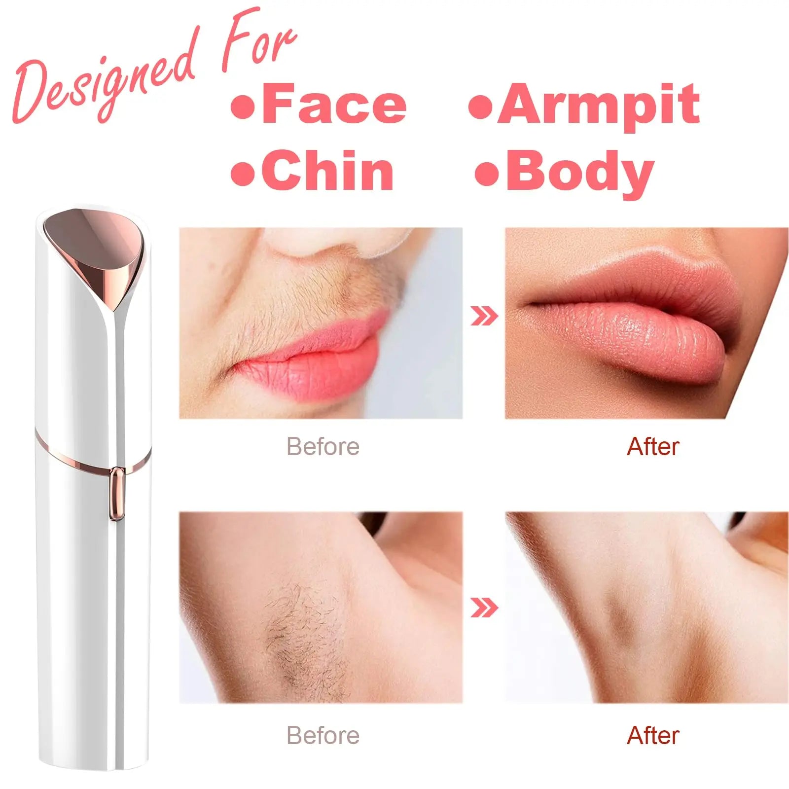 Electric facial hair remover for women, painless face shaver for lips and peach fuzz, shown in a compact device image.