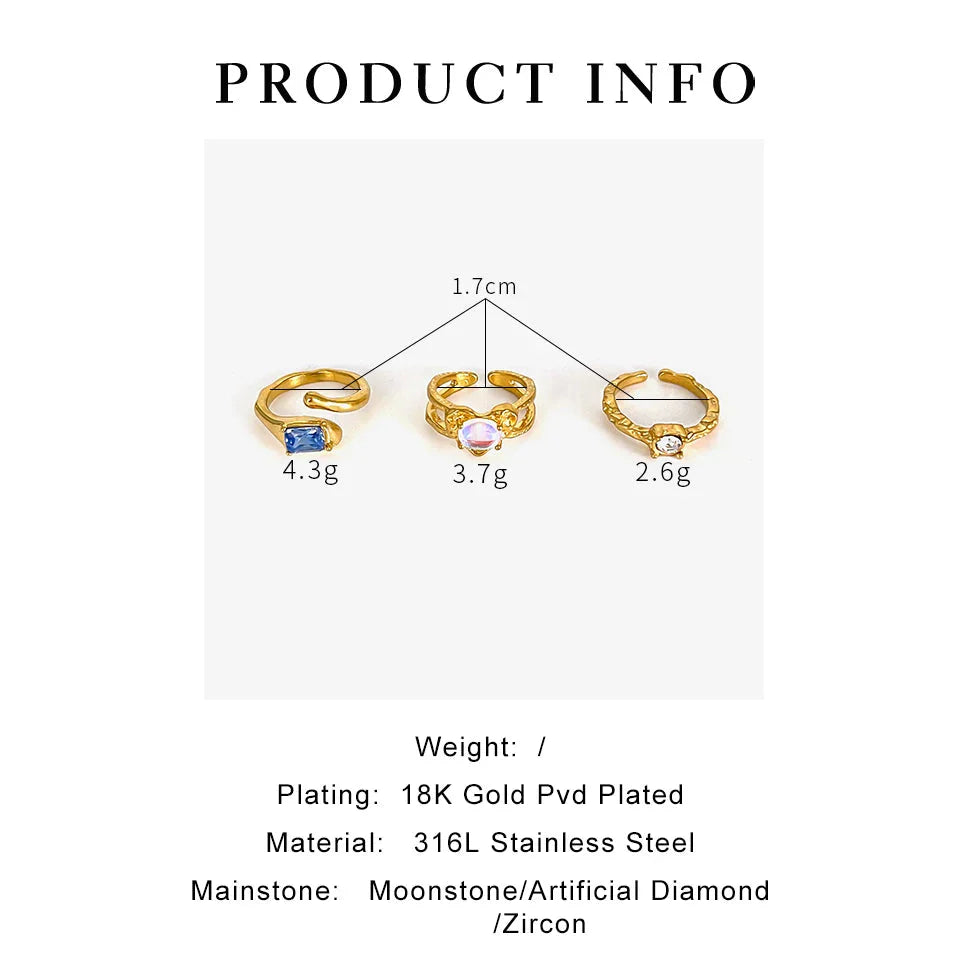 SHOWLU FASHION STORE Peri'sBox vintage moonstone zircon open ring in gold-plated stainless steel, showcasing elegant jewelry design