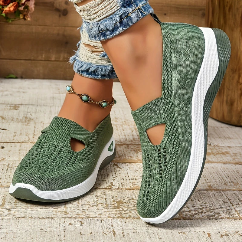Lightweight women's slip-on sneakers with breathable mesh uppers, soft soles, and low-top vulcanized design for comfortable walking.