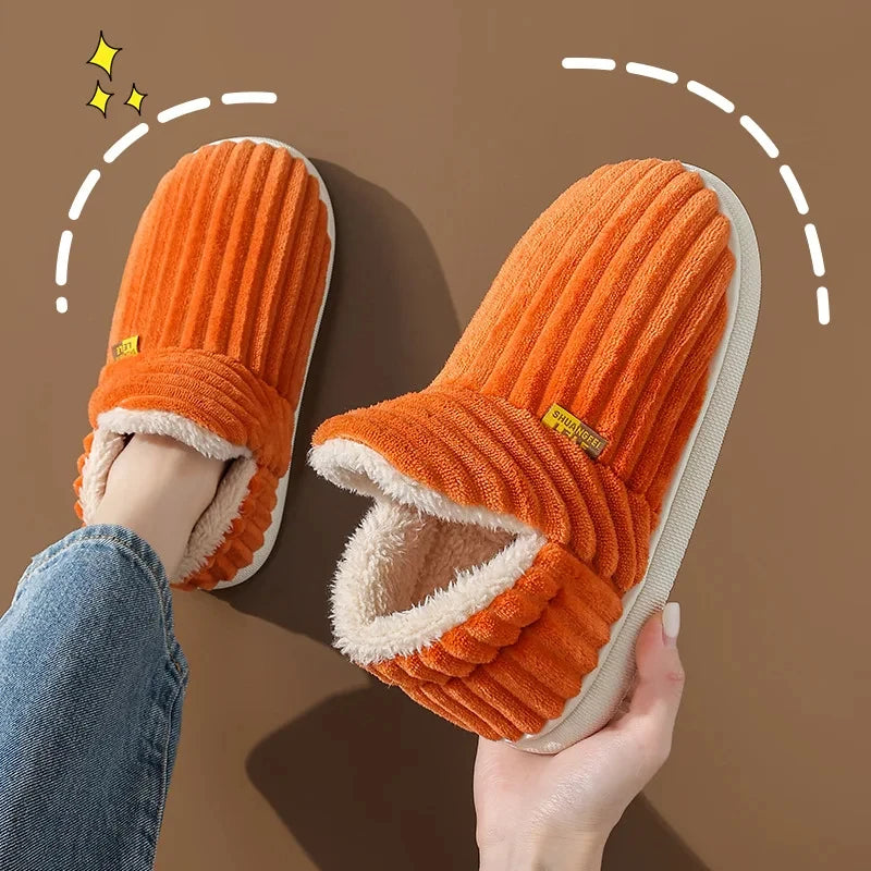 Warm men's indoor slippers with plush short fur, cotton lining, soft furry exterior, casual slip-on design, ideal for cozy indoor wear.