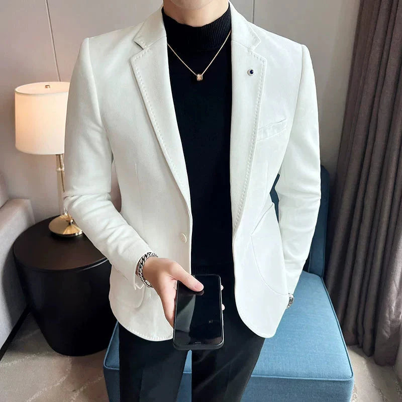 Men's slim fit deerskin velvet blazer by SHOWLU, luxury smart casual coat with tailored fit and stylish detailing.