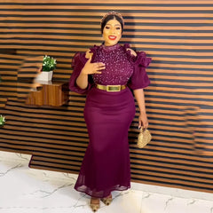 2023 Fashion design African Evening dress mesh off-the-shoulder belt diamond-encrusted dress