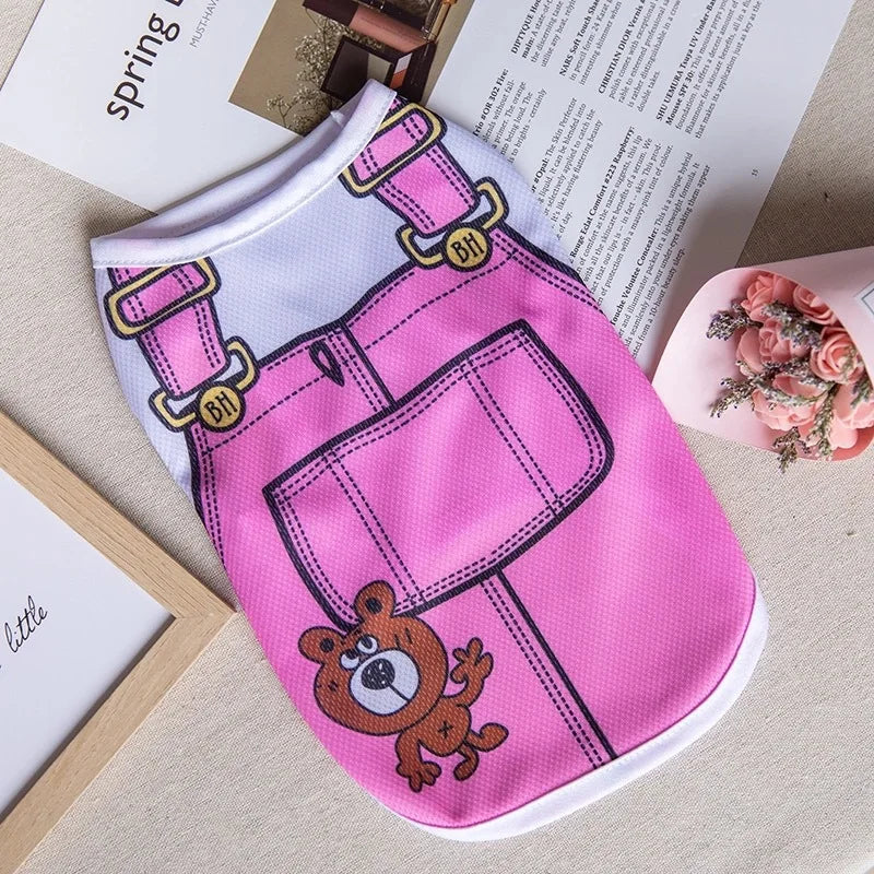 Cartoon polyester dog vest by Wang Shan Meow for puppies, quick-drying dog shirt with adjustable straps and colorful design.
