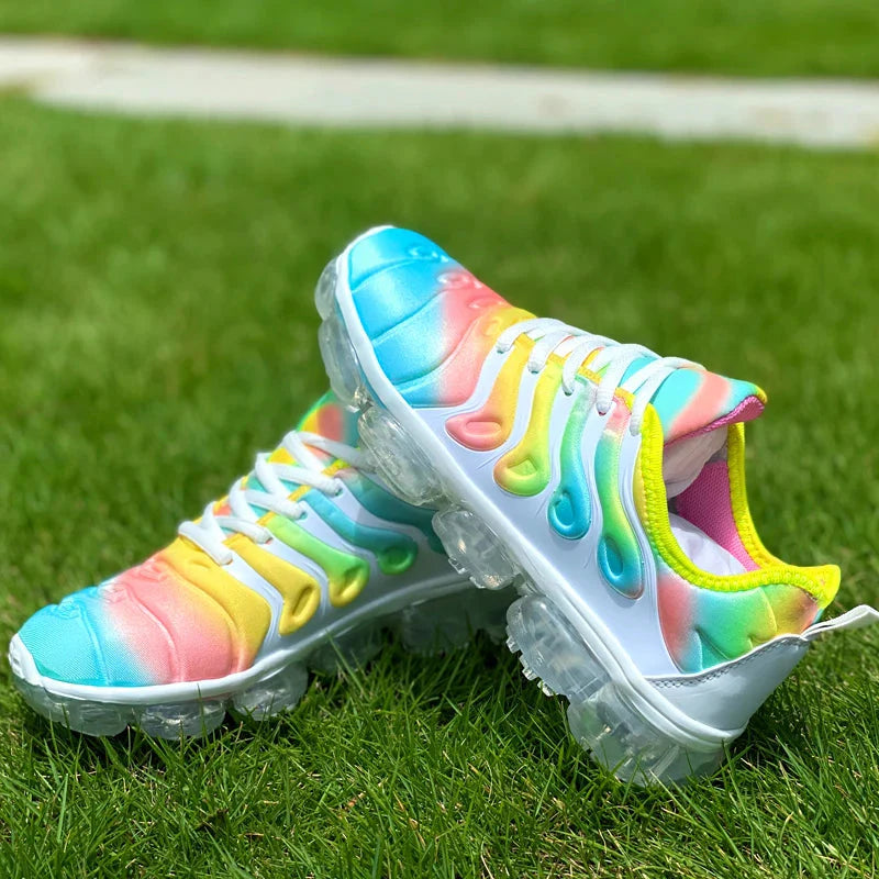 Unisex Captain Running Mesh Rainbow Sneakers with transparent soles and colorful design, showcasing sporty and breathable footwear.