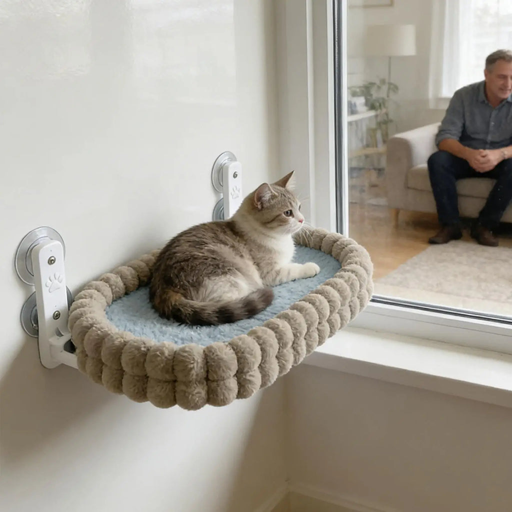 Foldable Showlu cat window perch with plush double-sided hammock for kittens, providing a cozy resting spot near the window.