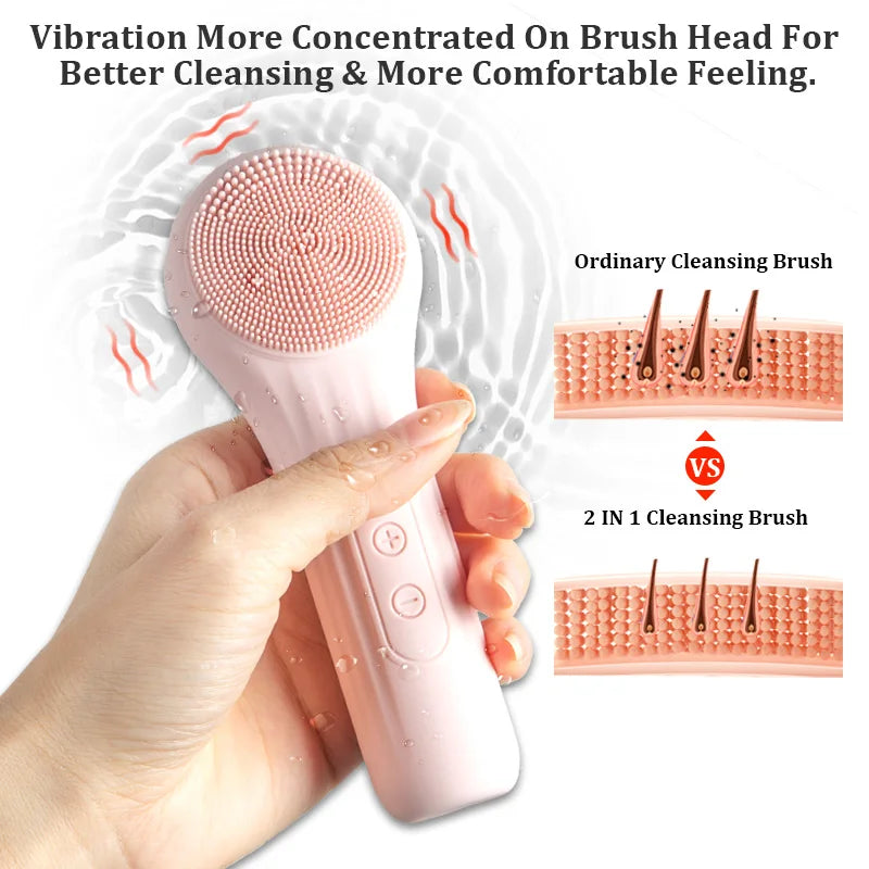 Rechargeable silicone facial cleansing brush by Showlu Smart General with soft bristles and ergonomic design for gentle skin cleansing.