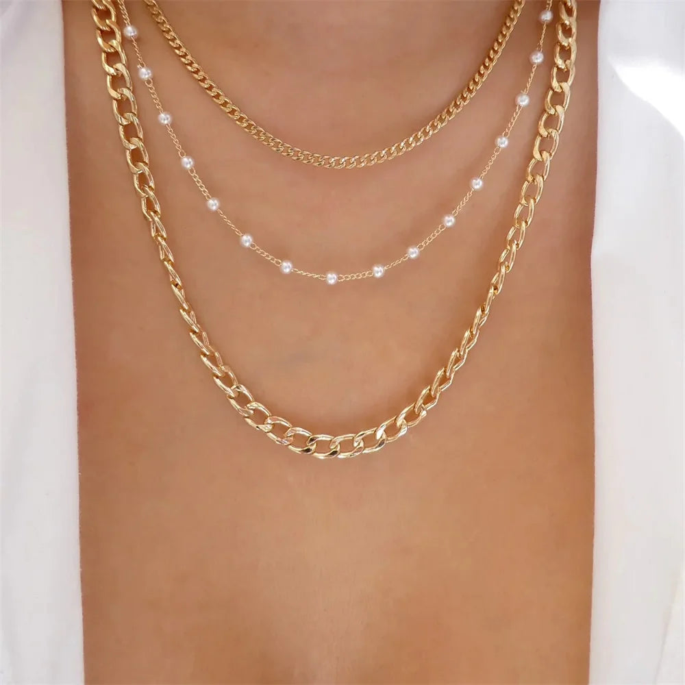 Elegant vintage pearl pendant necklace for women with multi-layer gold chain, stylish choker jewelry for women and girls