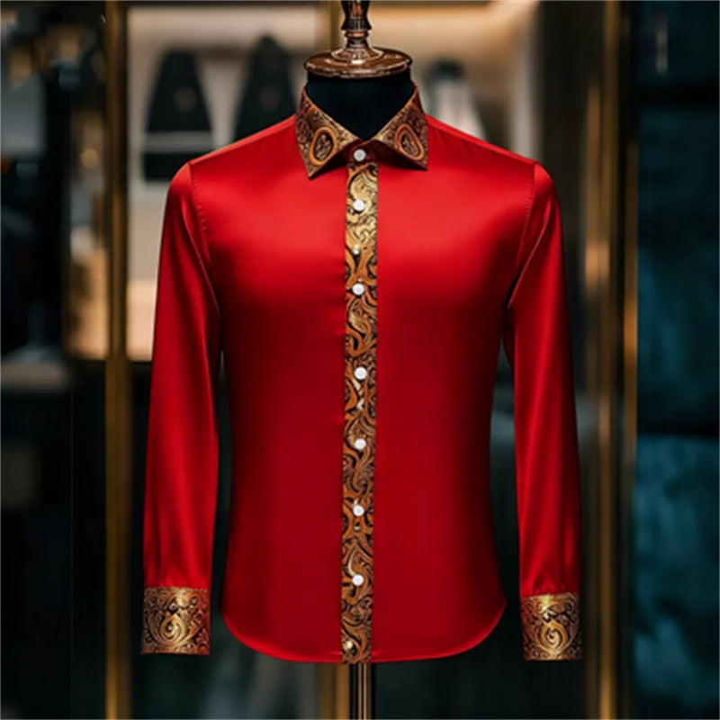 Men's luxury silk long sleeve shirt in white and brown with paisley pattern, slim fit, casual lapel, by Showlu Fashion Store.