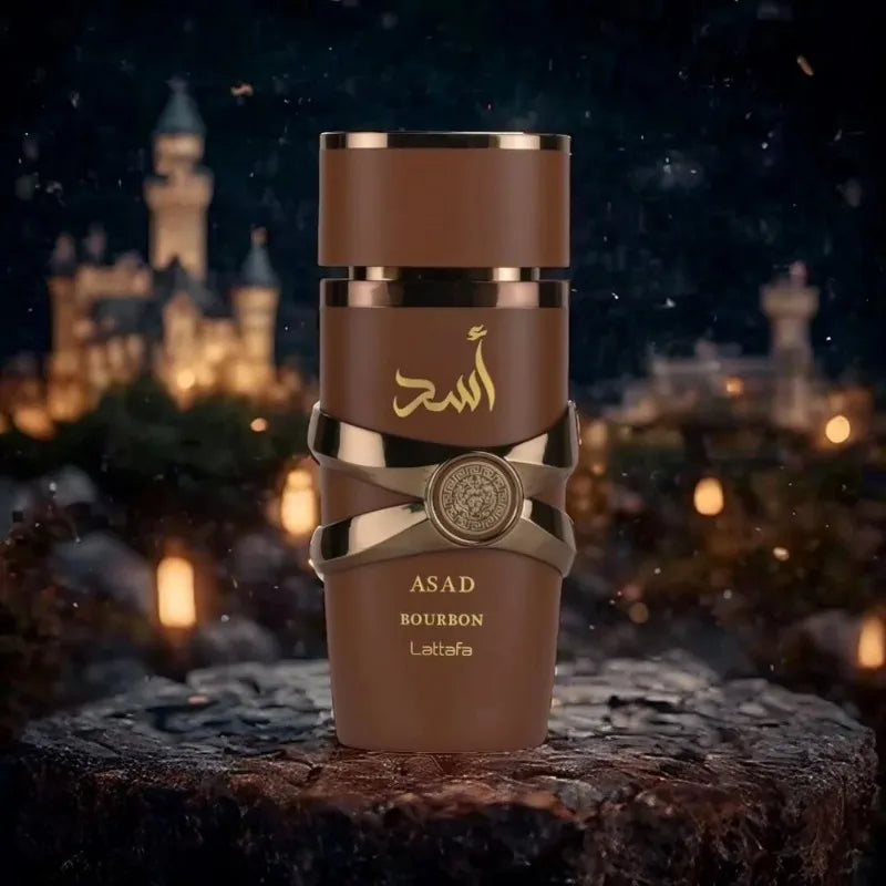 Unisex Lattafa Asad Bourbon Eau De Parfum bottle with fruity scent, 3.4 oz, displayed on a neutral background.