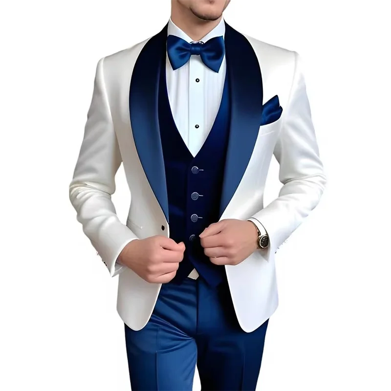 Men's blue and white 3-piece designer tuxedo suit from Showlu Fashion with elegant style, ideal for weddings, parties, and formal events.