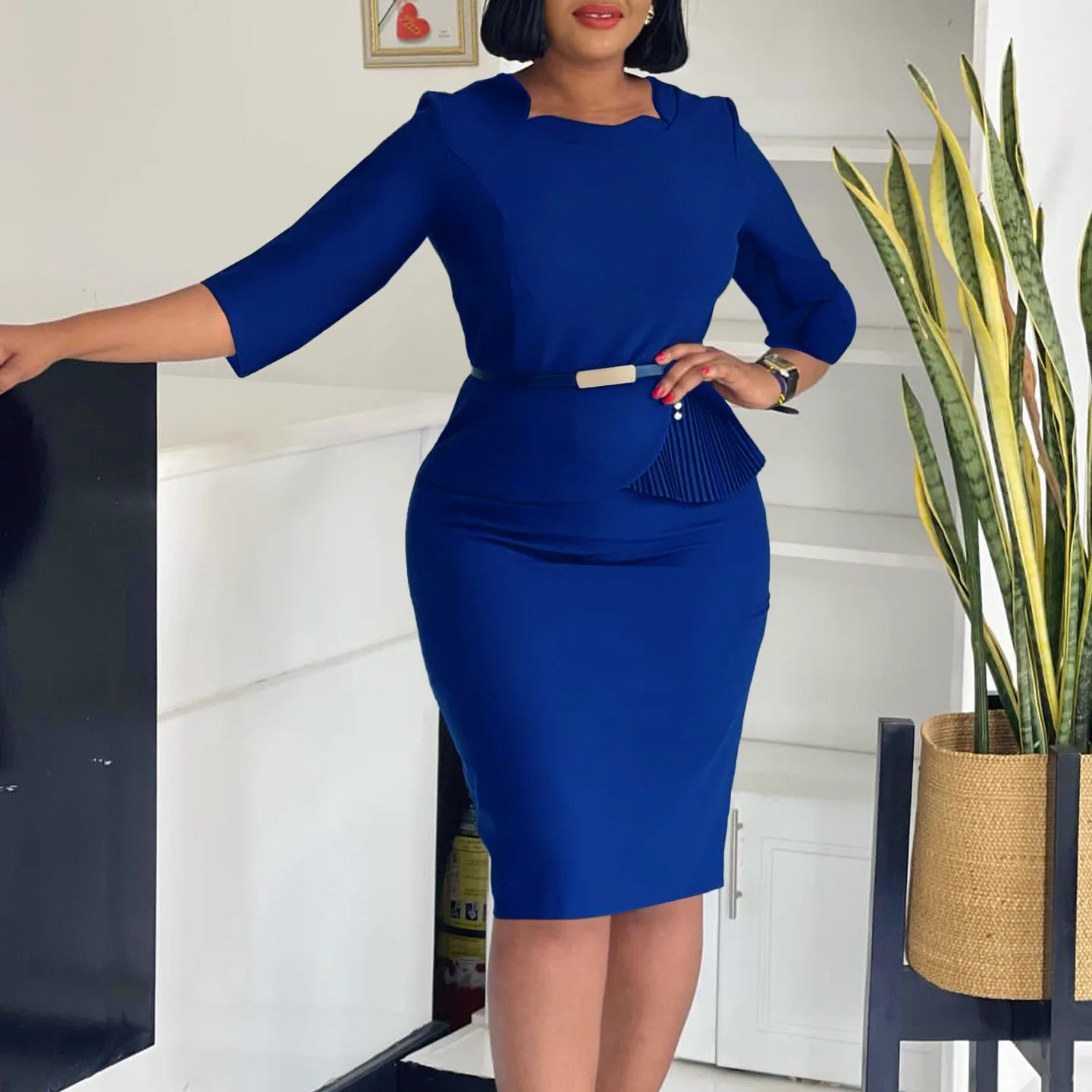 L-3XL Plus Size Elegant Midi Dress 2025 Spring Summer Women Office Lady Dress Casual 3/4 Sleeve Bandage Robe Oversize Dress SHOWLU FASHION STORE