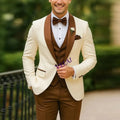 White and brown formal men's suit by Showlu Fashion, three-piece tuxedo set with blazer, vest, and trousers for wedding or prom events.
