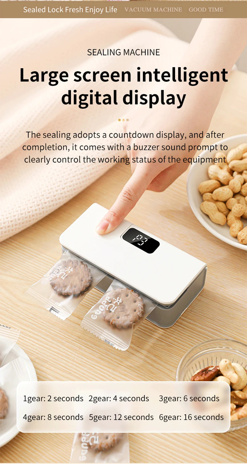 Showlu Smart General Mini Bag Sealer in use, sealing plastic bags to keep contents fresh and airtight.
