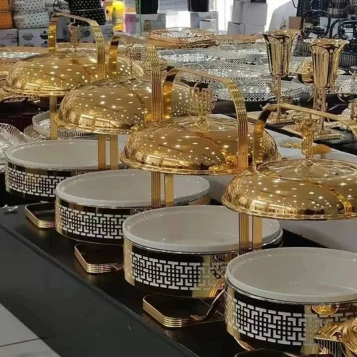 Luxury gold round hanging chafing dish by Showlu Fashion Store, ideal for hotel wedding buffets and catering food warming.