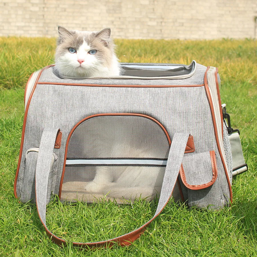 A grey, soft-sided pet carrier with brown trim and mesh windows, featuring a cat inside.