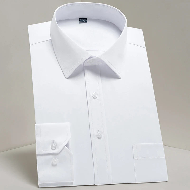 Men's slim-fit dress shirt by Showlu Fashion, cotton blend long sleeve business shirt, shown in a stylish, professional design.