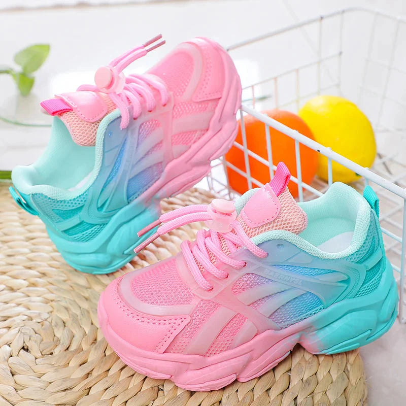 SHOWLU Girls gradient mesh sneakers with lighted platform, breathable design, and stylish shoes for girls.