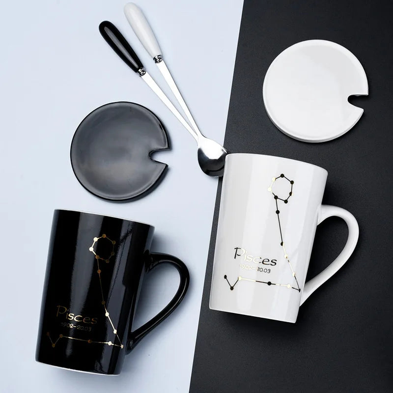 Showlu 12 Zodiac Signs ceramic coffee mug with lid and spoon, black, featuring astrological symbols for all zodiac signs.