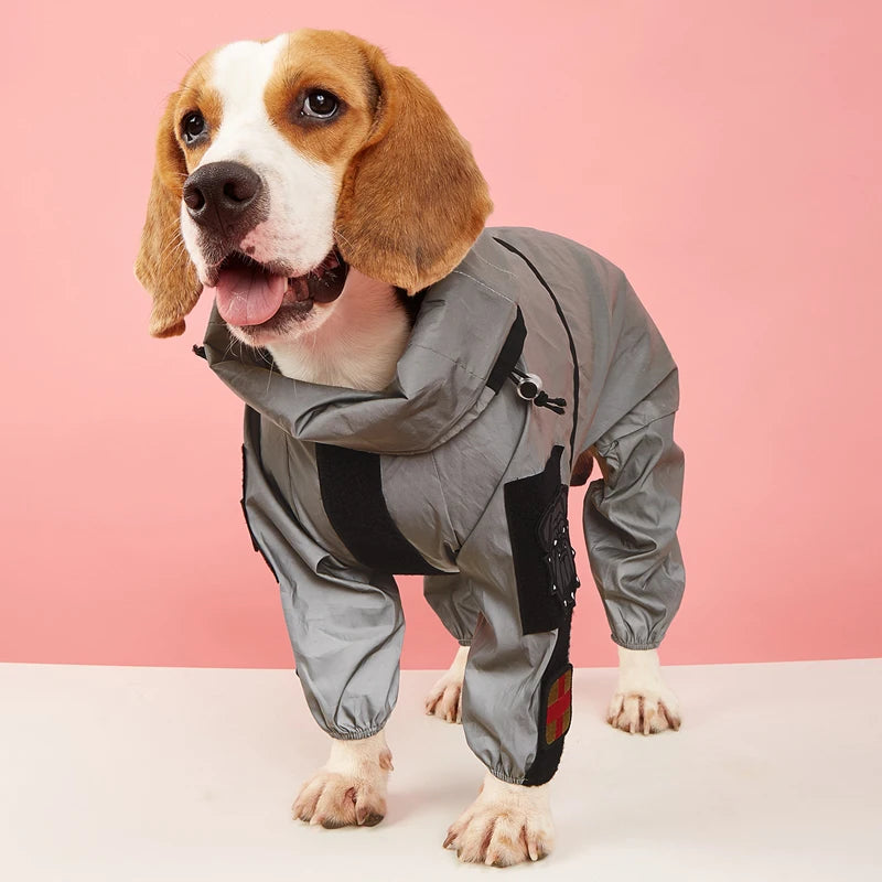 Large WANGUPET waterproof raincoat for dogs featuring reflective material and a hoodie, designed for outdoor protection in rainy weather.