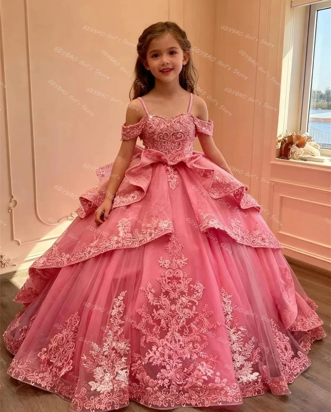 Pink flower girl dress with bowknot appliques, short sleeves, floor length, ideal for weddings, birthdays, and first communions.