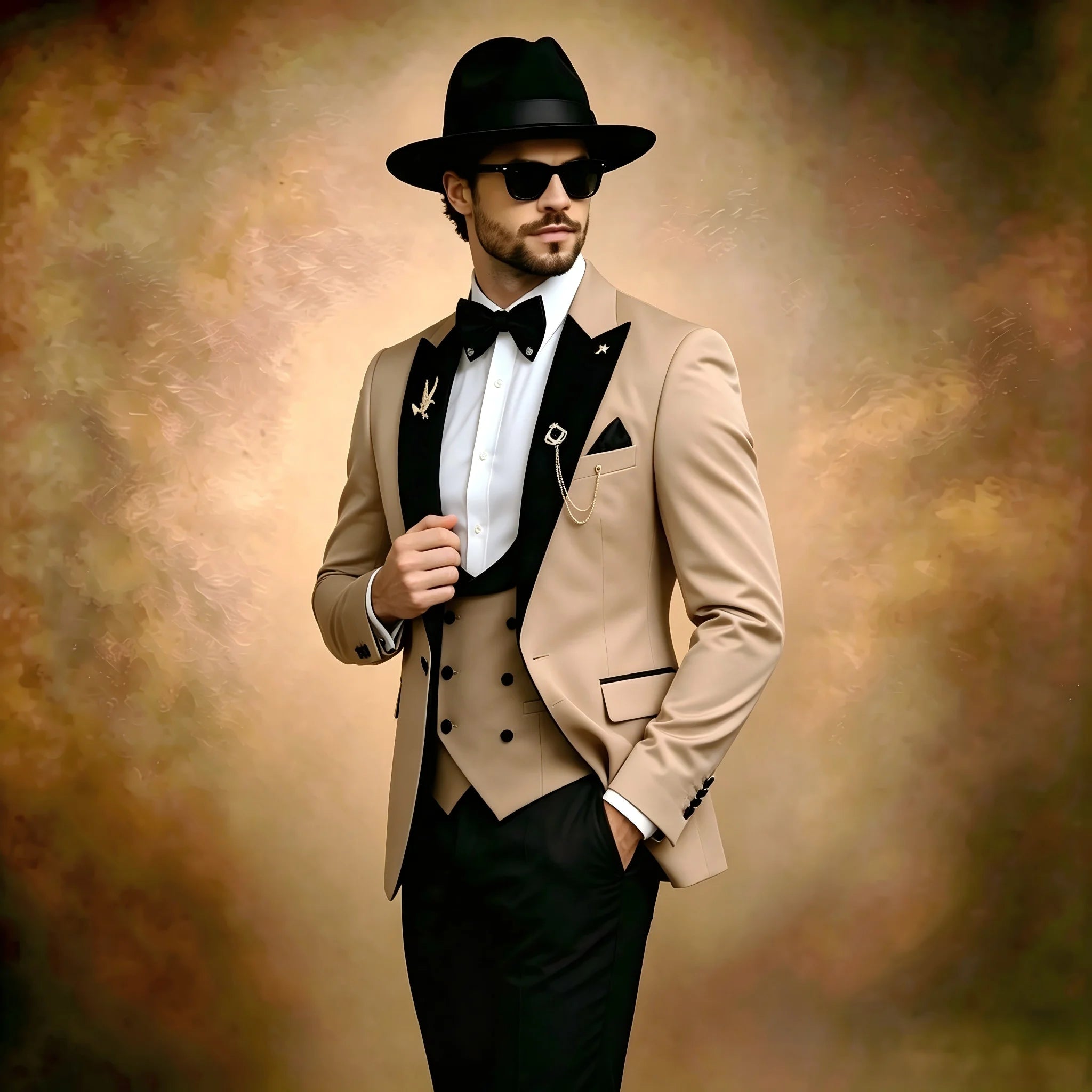 Beige formal men's 3-piece suit with peaked lapel, blazer, pants, and vest, ideal for weddings, parties, and business events.