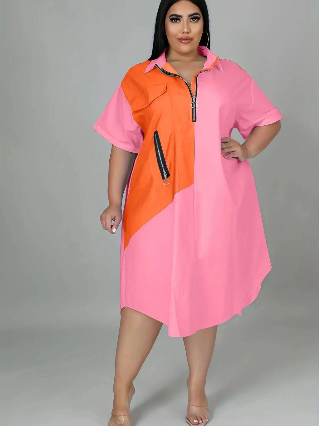 Plus size Showlu Women's Zipper Shirt Dress with 3D print, casual loose fit, stylish and comfortable for everyday wear.