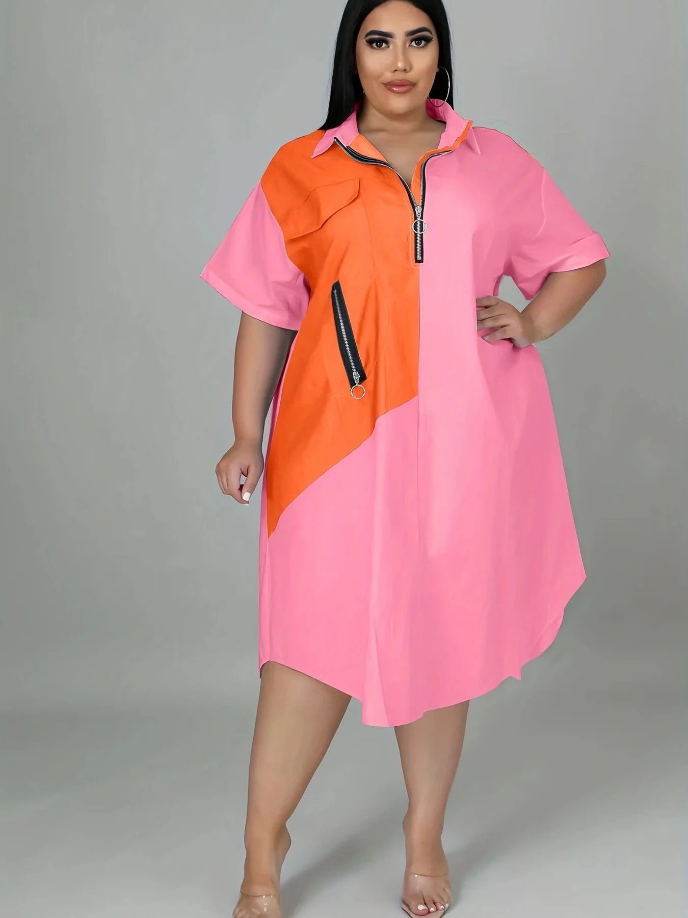 Plus size Showlu Women's Zipper Shirt Dress with 3D print, casual loose fit, stylish and comfortable for everyday wear.
