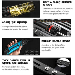 An adjustable hydraulic power twister arm exerciser with a non-slip grip and carbon steel frame.