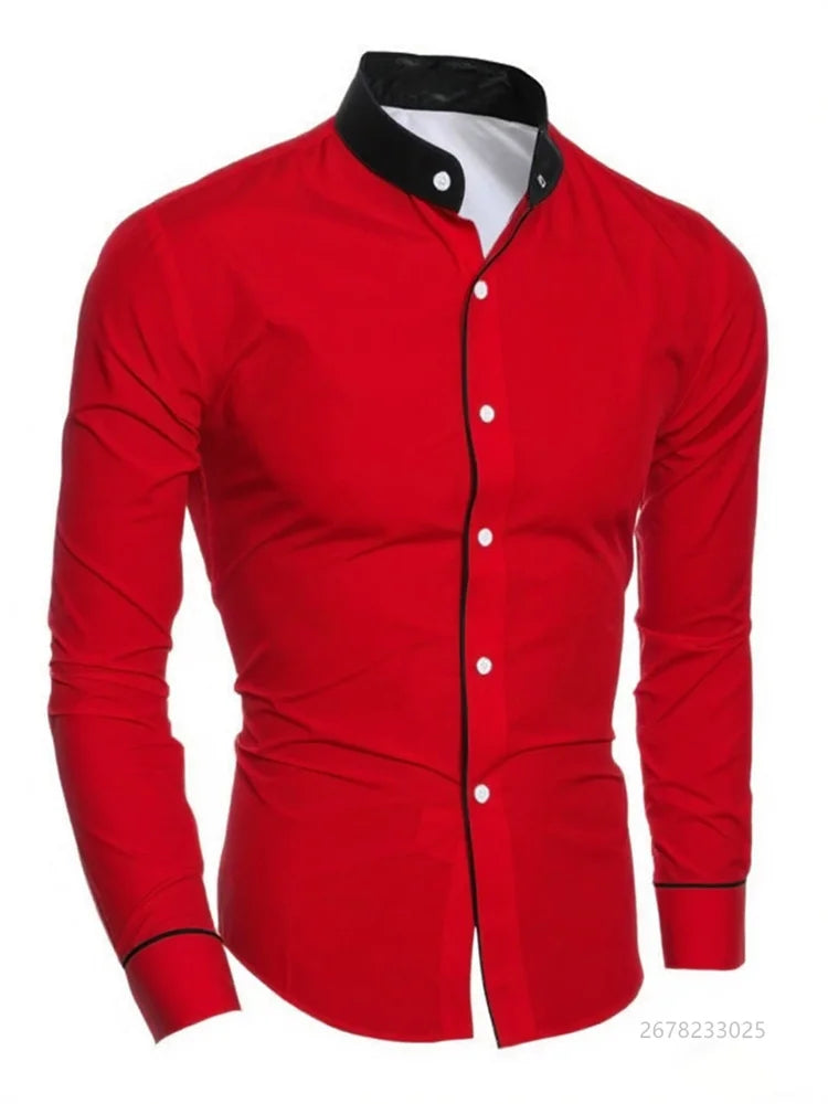 Men's slim fit white long sleeve dress shirt by Showlu Fashion, soft fabric, perfect for business casual, available in sizes XS-6XL.