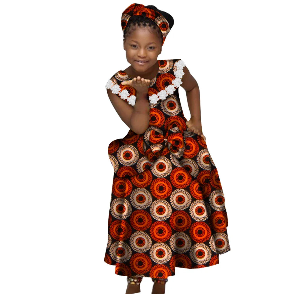 Girls African Ankara print dress with cotton Kente pleated skirt, colorful traditional African style by Wingfei.
