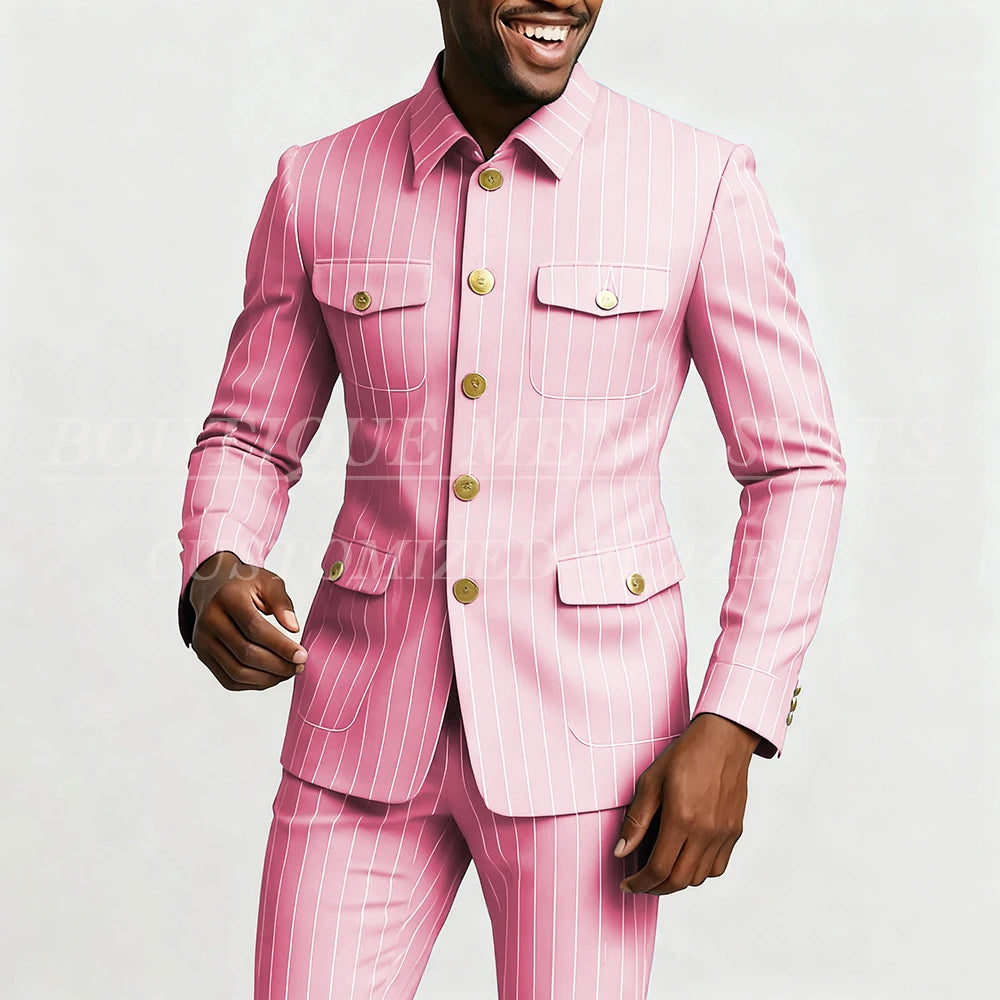 Elegant men's pinstripe suit set featuring a single-breasted jacket and slim-fit pants with stand lapel, by Showlu Fashion.